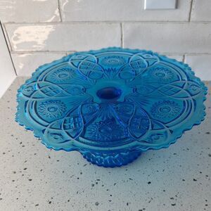 VINTAGE Imperial Glass Ohio Blue Bellaire Collectors Crystal Glass Cake Stand